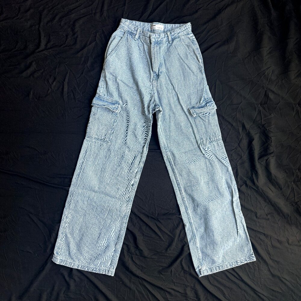 Bershka Denim Wide Cargo Pants (Light Blue)
